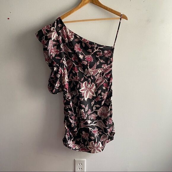Isabel Marant dark brown red floral Lilia one shoulder ruffle cotton mini dress - Picture 7 of 8